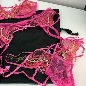 Honey Birdette Vibrant Pink and Gold Lace Bra Set